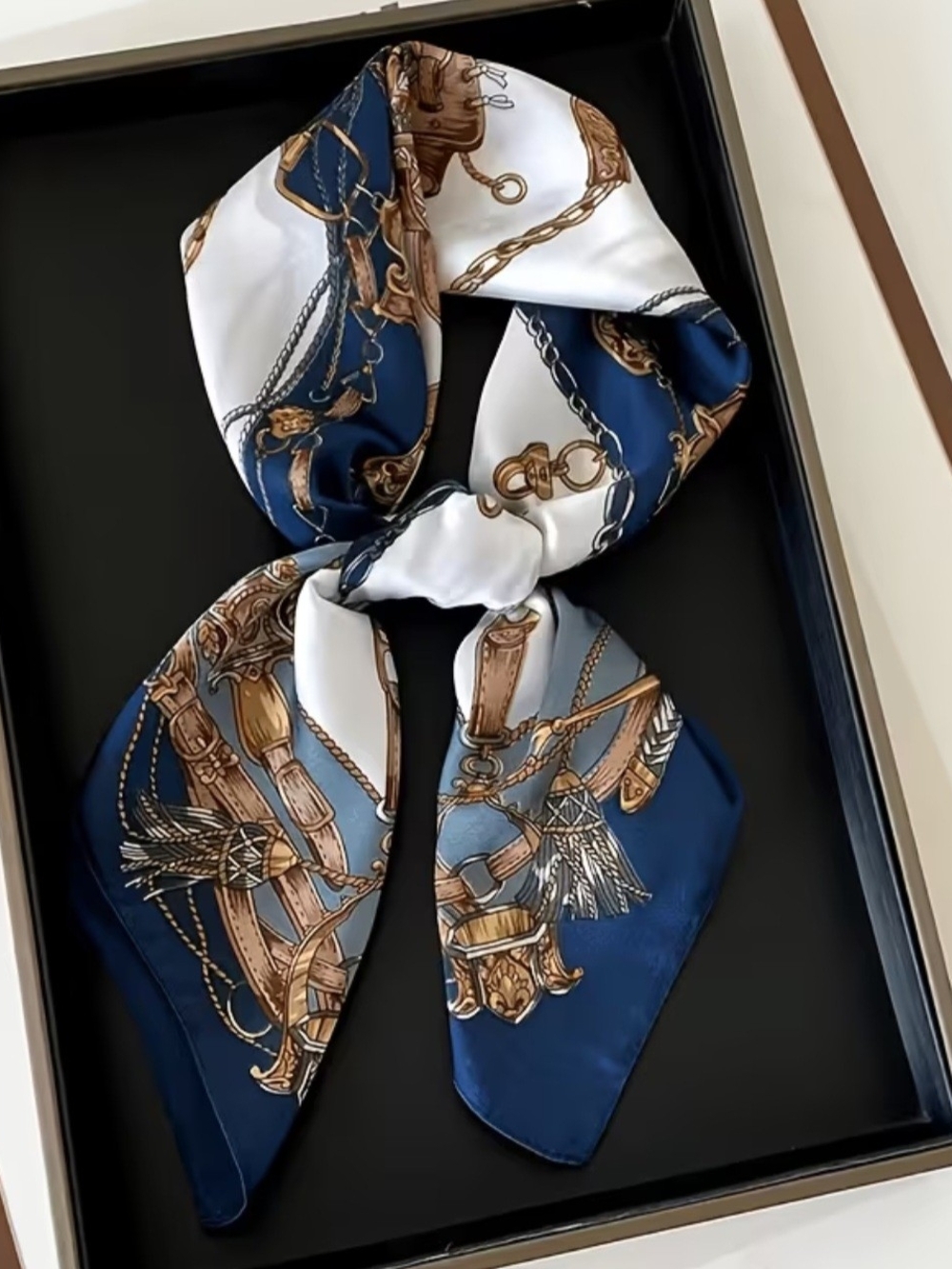 Silk Chain & Tack Print Neck Scarf - Navy and White